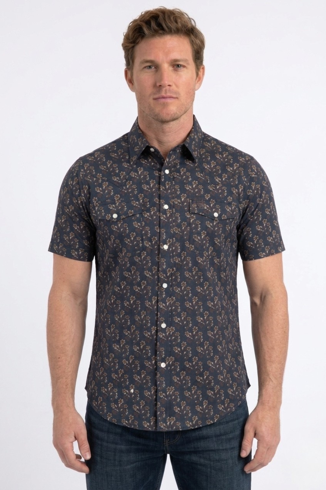 navy floral short sleeve shirt men platini front