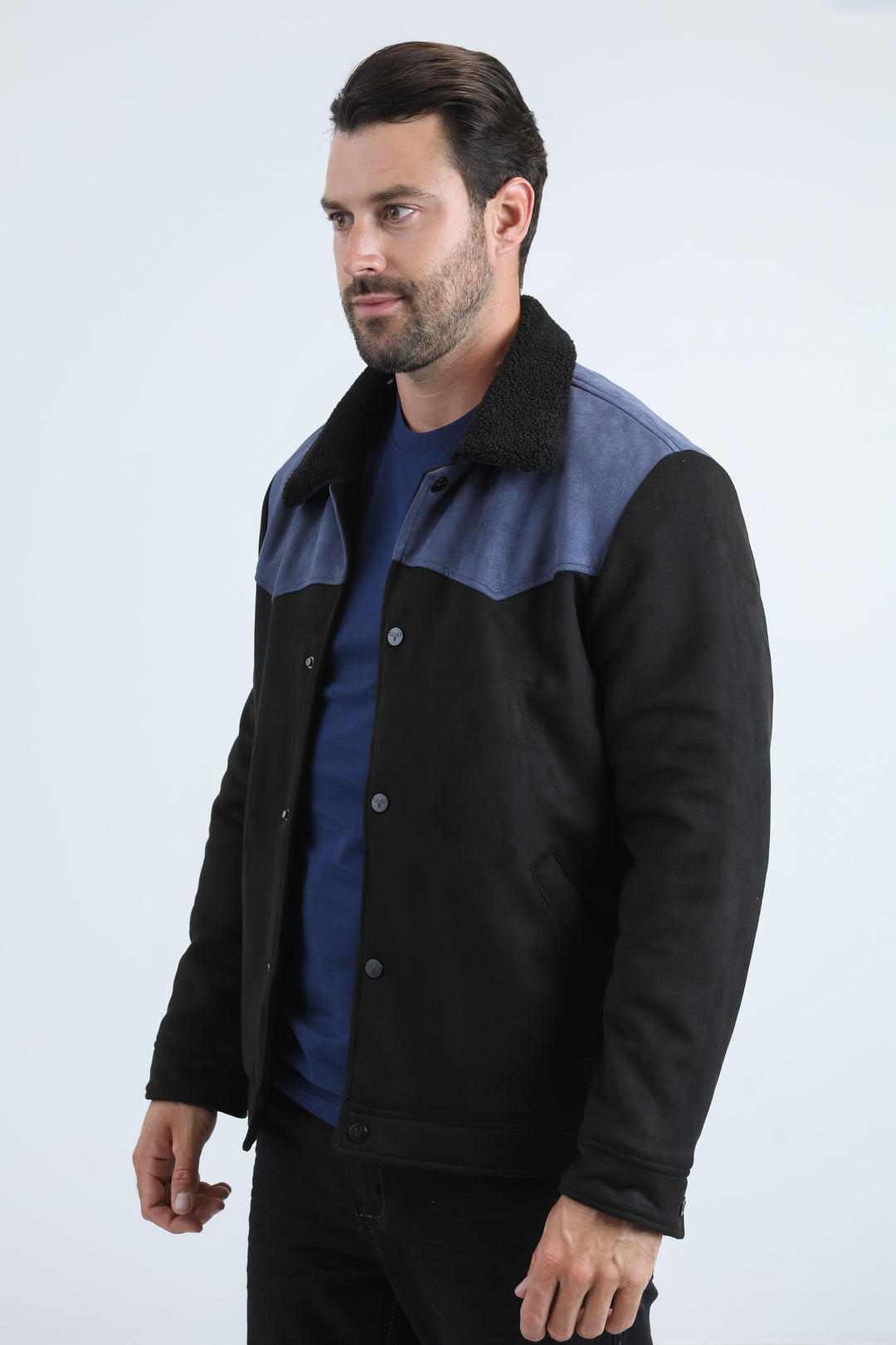 Mens Fur Lined Quilted Faux Suede Black Coat