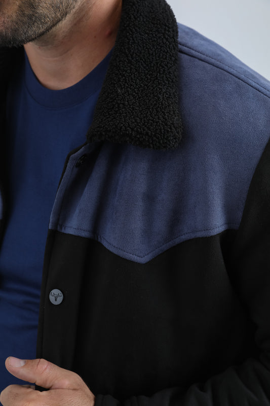 black fur-lined quilted faux suede coat platini