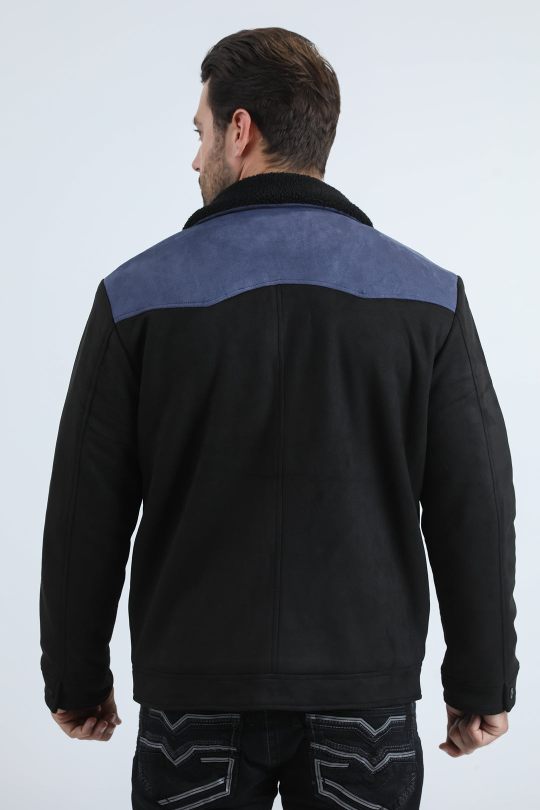 Mens Fur Lined Quilted Faux Suede Black Coat