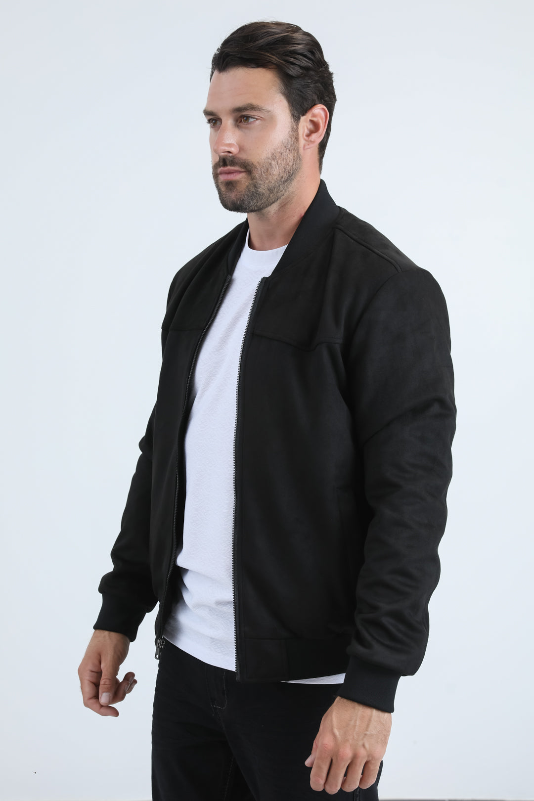 Mens Fur Lined Quilted Faux Suede Black Coat
