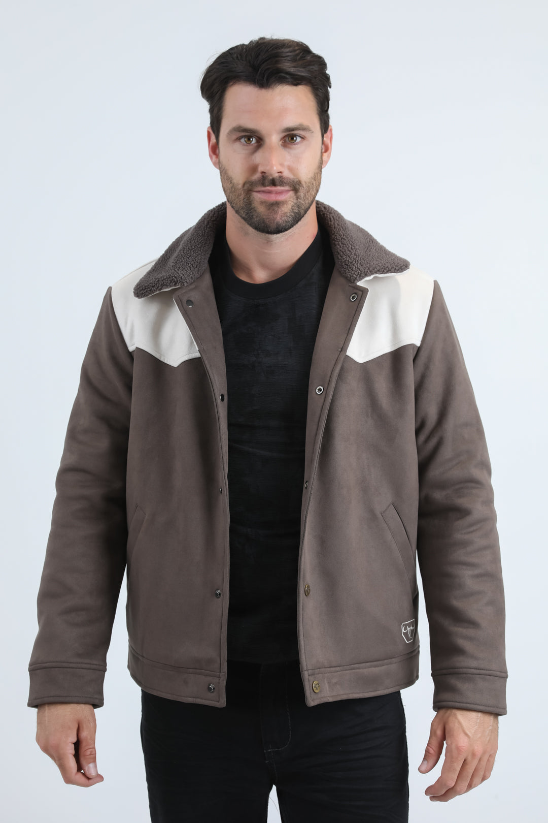 Mens Fur Lined Quilted Faux Suede Brown/Bone Coat