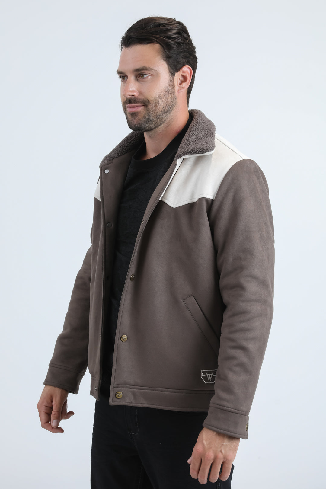 Mens Fur Lined Quilted Faux Suede Brown/Bone Coat