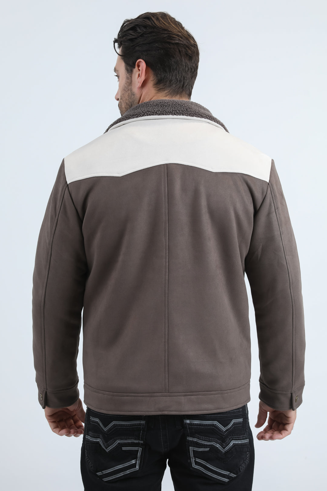 Mens Fur Lined Quilted Faux Suede Brown/Bone Coat