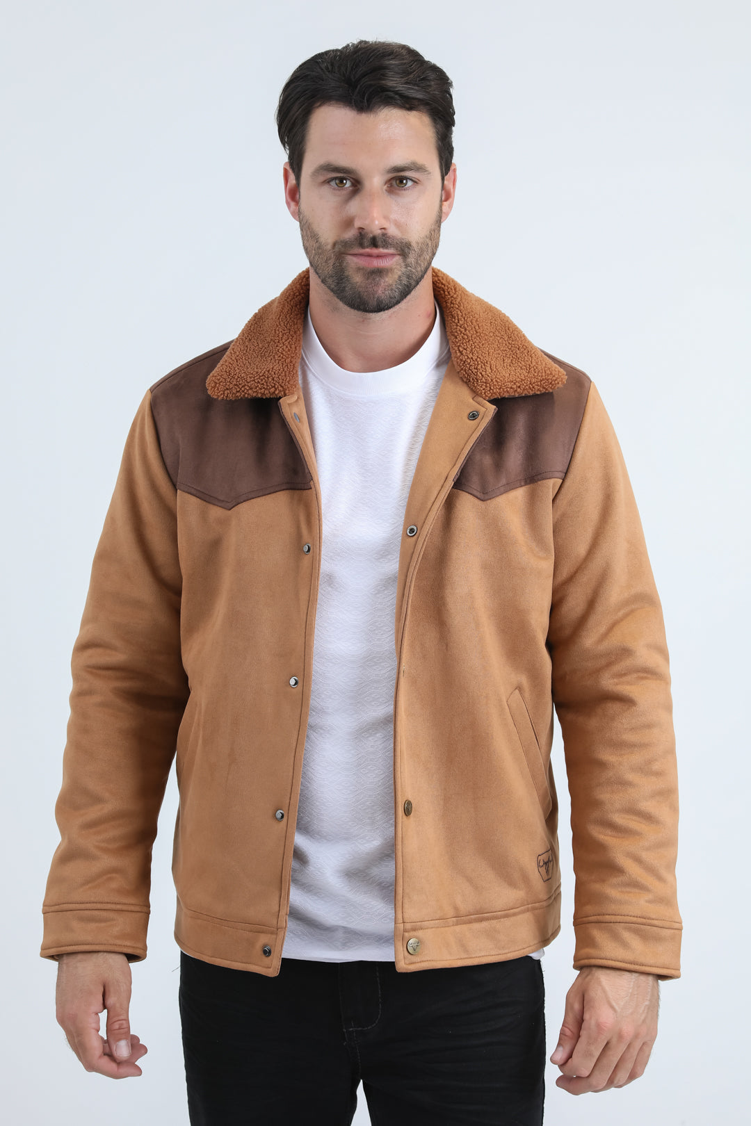 Mens Fur Lined Quilted Faux Suede Camel Coat