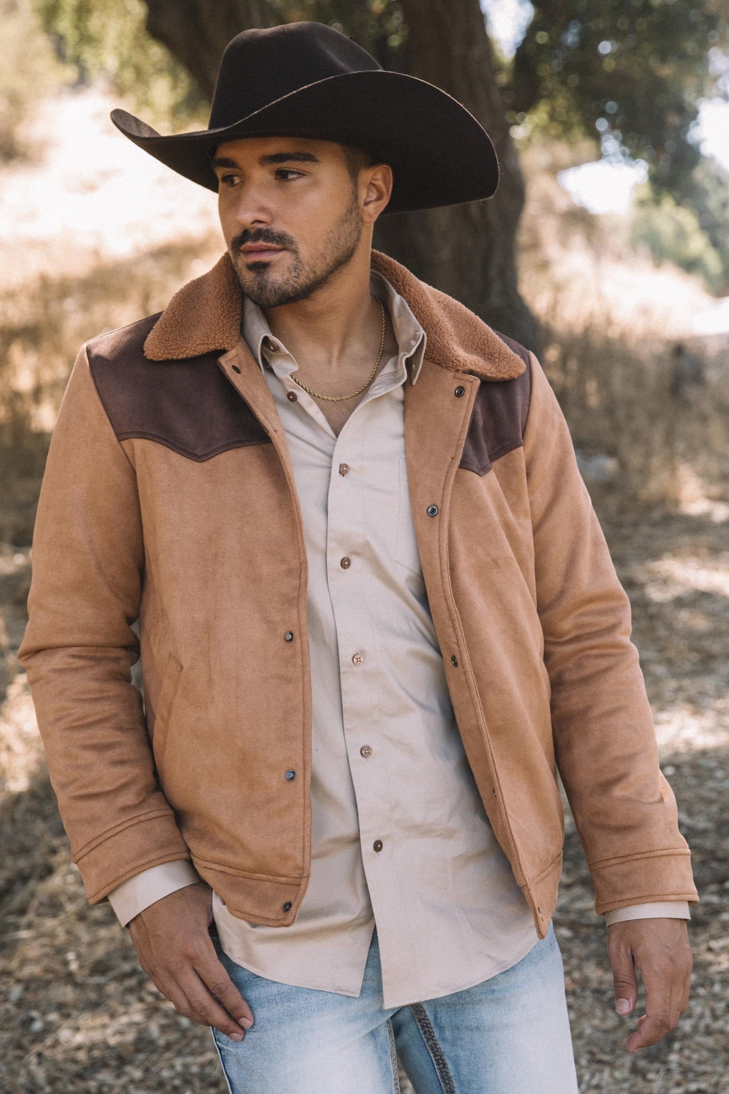 Mens Fur Lined Quilted Faux Suede Camel Coat