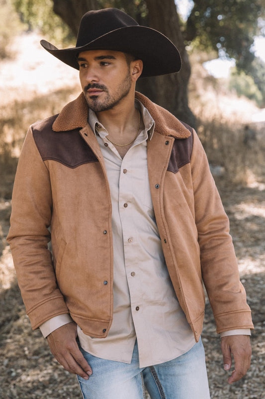 Mens Fur Lined Quilted Faux Suede Camel Coat