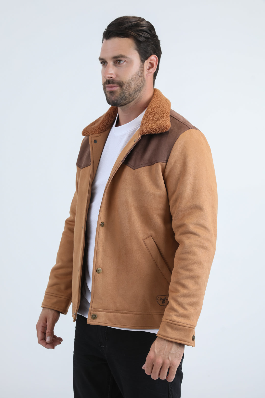 Mens Fur Lined Quilted Faux Suede Camel Coat
