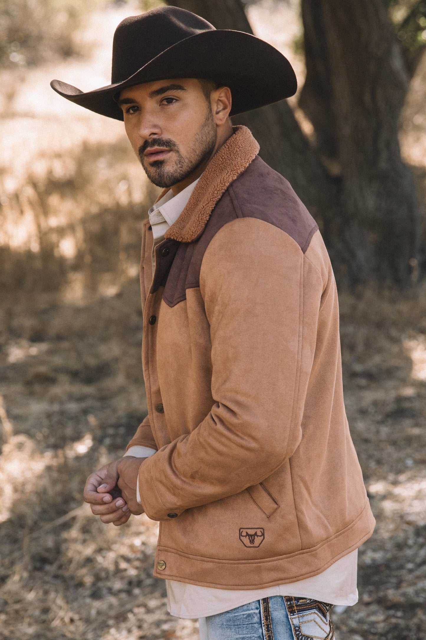 Mens Fur Lined Quilted Faux Suede Camel Coat