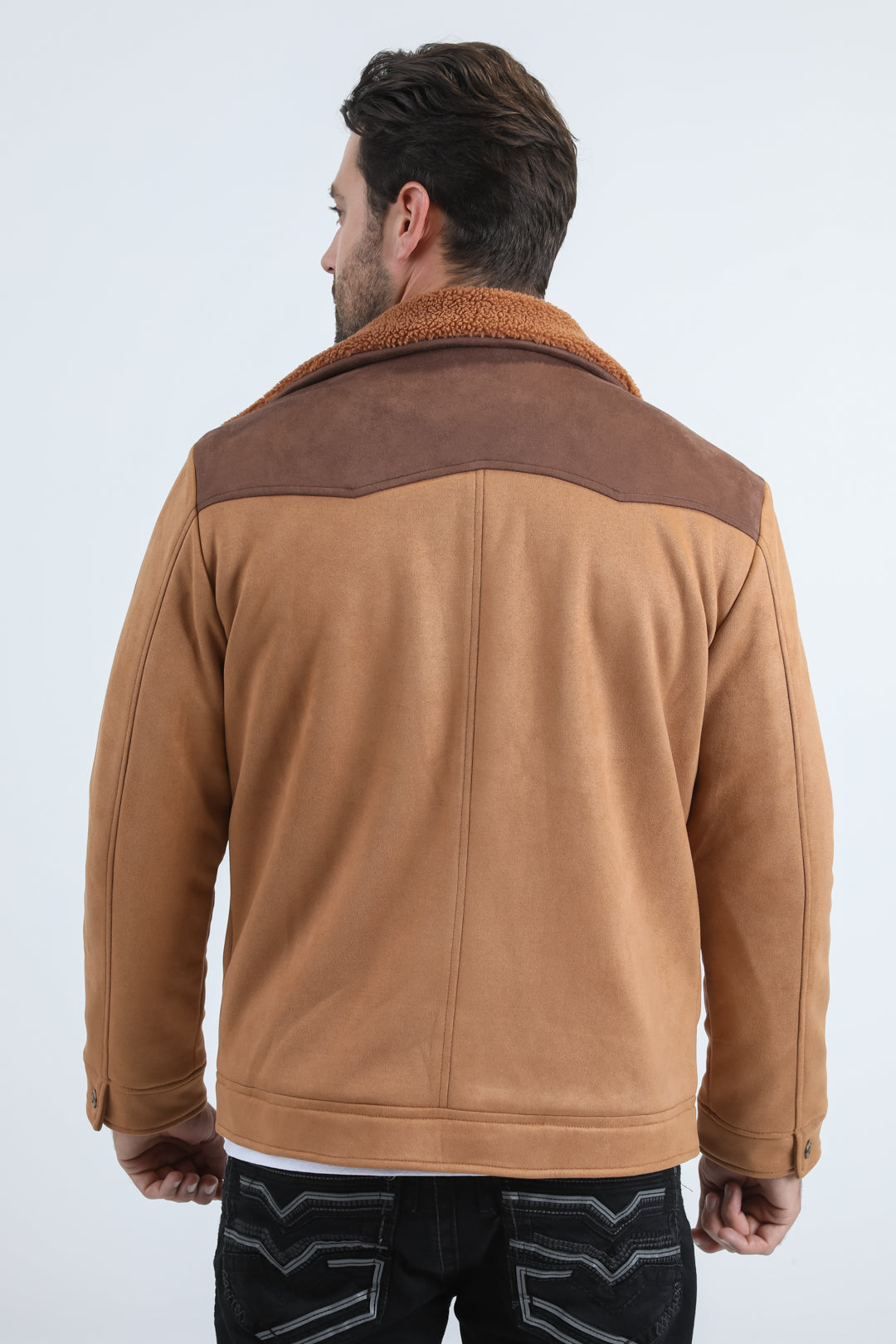 Mens Fur Lined Quilted Faux Suede Camel Coat