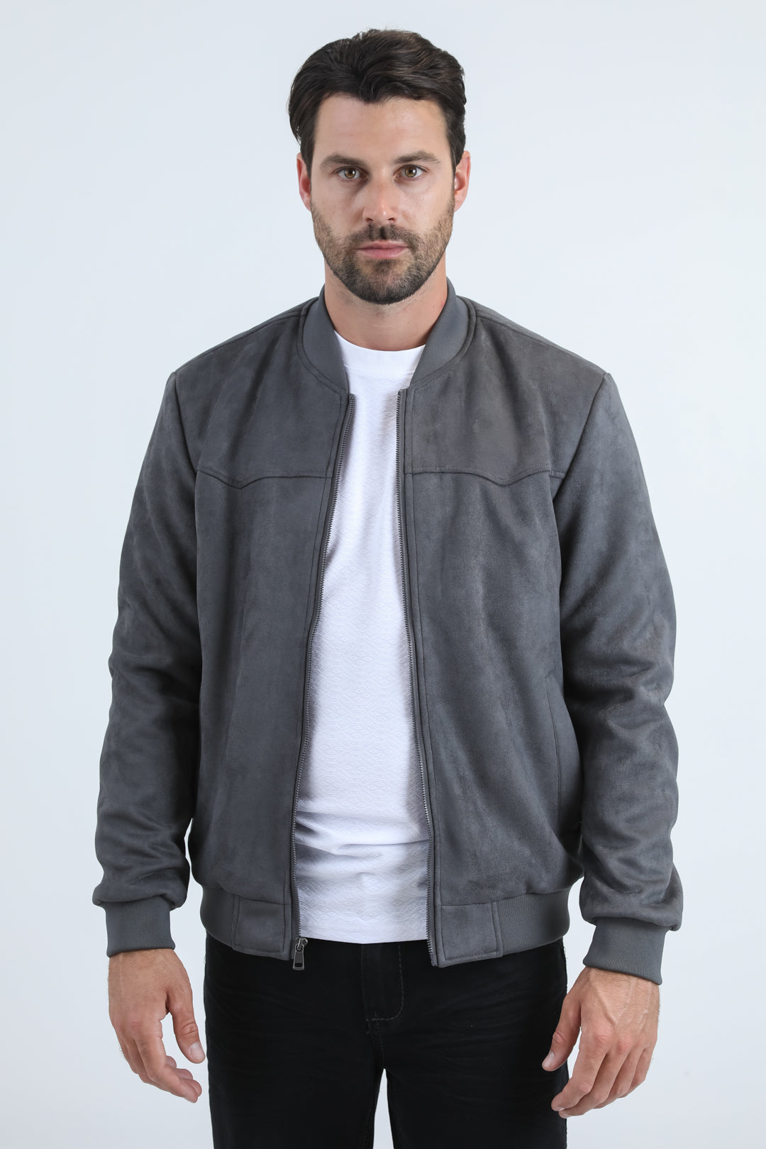 Mens Fur Lined Quilted Faux Suede Charcoal Coat