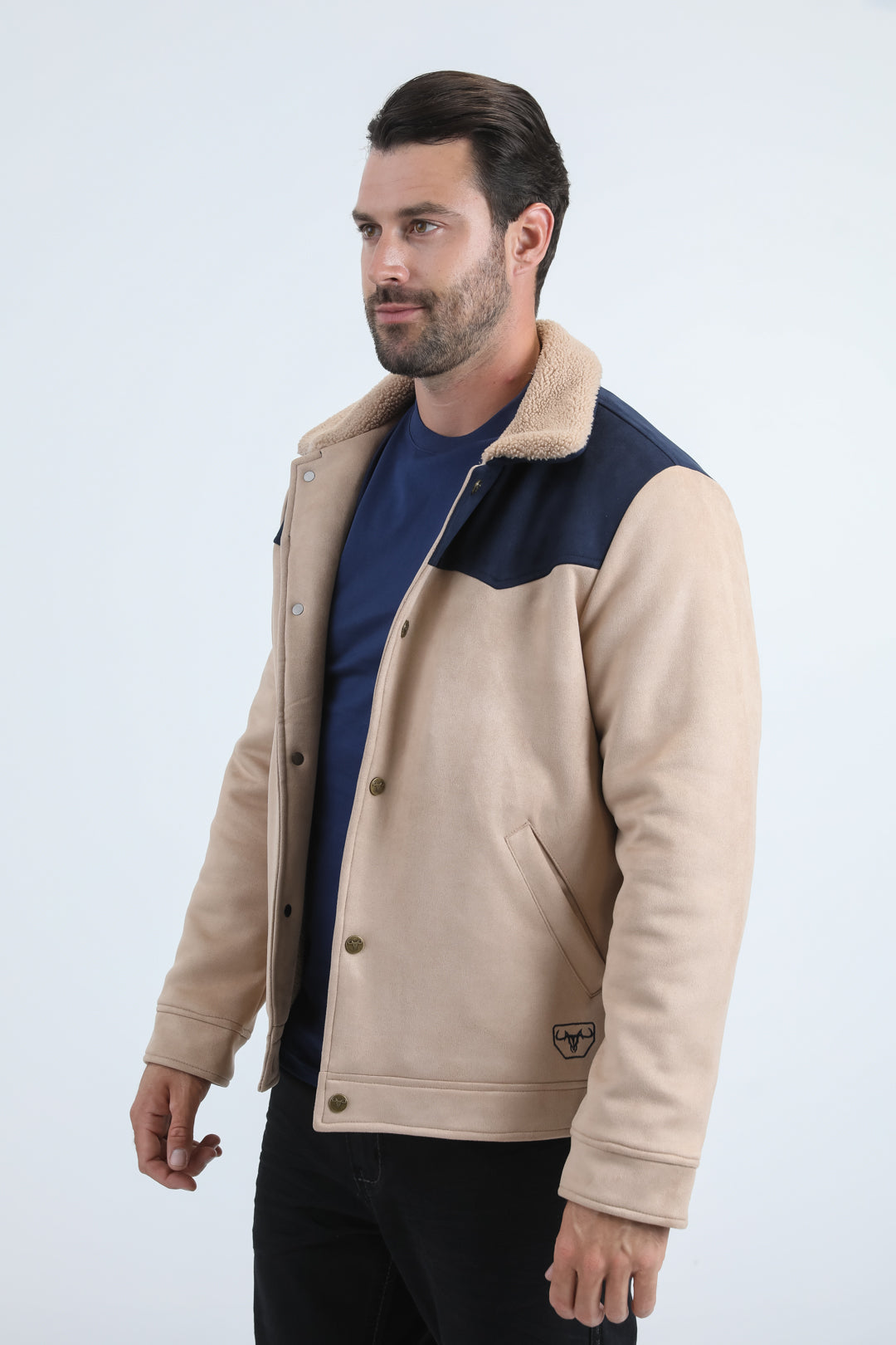 Mens Fur Lined Quilted Faux Suede Beige/Mink Coat