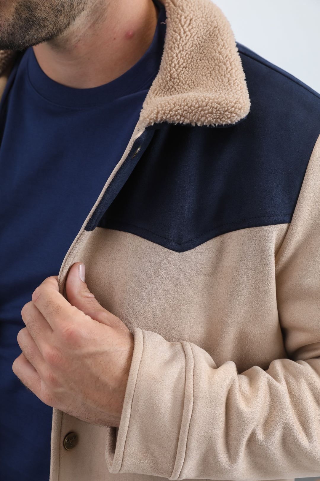 Mens Fur Lined Quilted Faux Suede Beige/Mink Coat