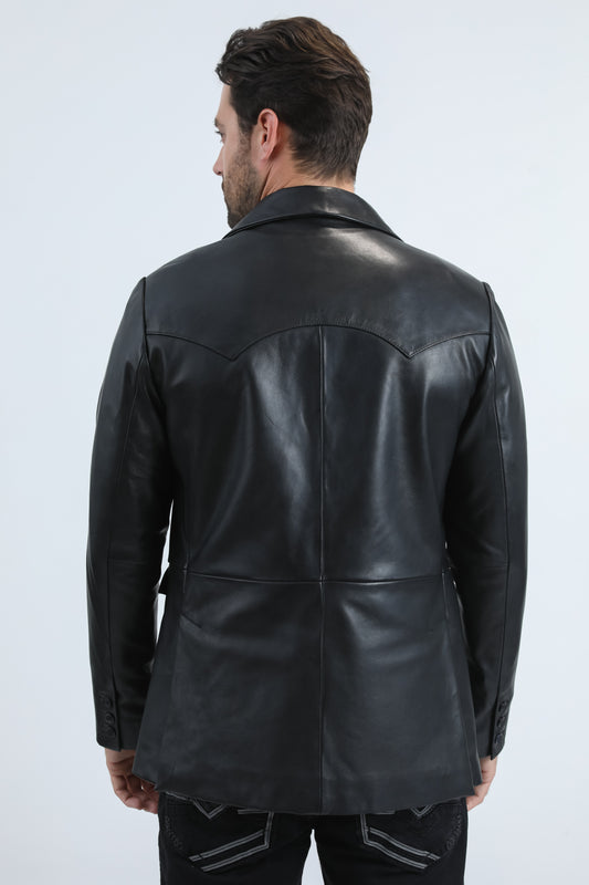 black genuine leather western blazer coat platini back
