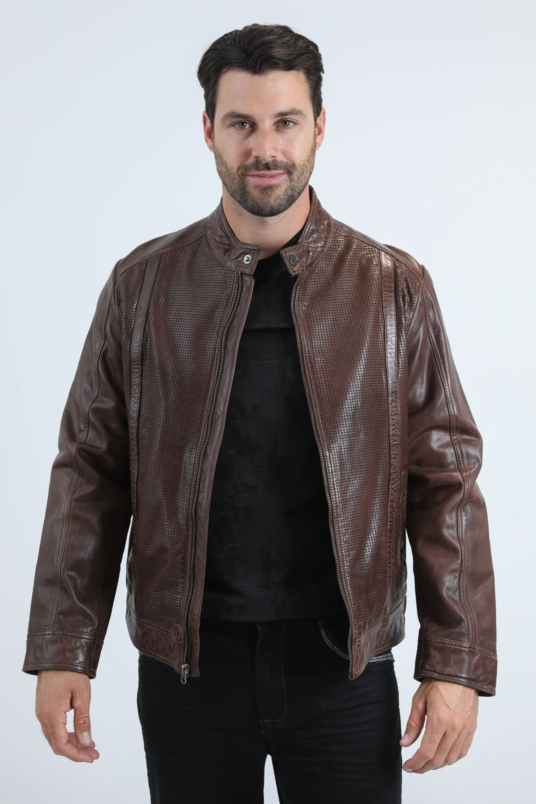 Men's Genuine Leather Perforated Jacket - Barrel Biker Racer