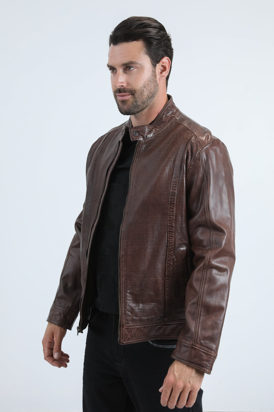 Men's Genuine Leather Perforated Jacket - Barrel Biker Racer