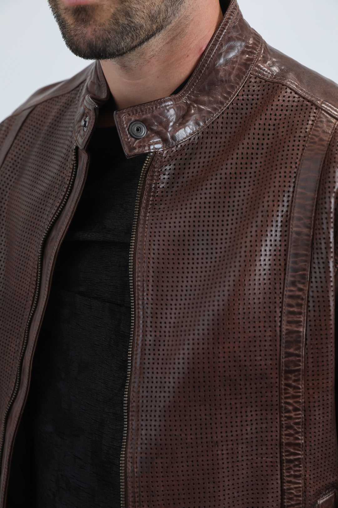 Men's Genuine Leather Perforated Jacket - Barrel Biker Racer