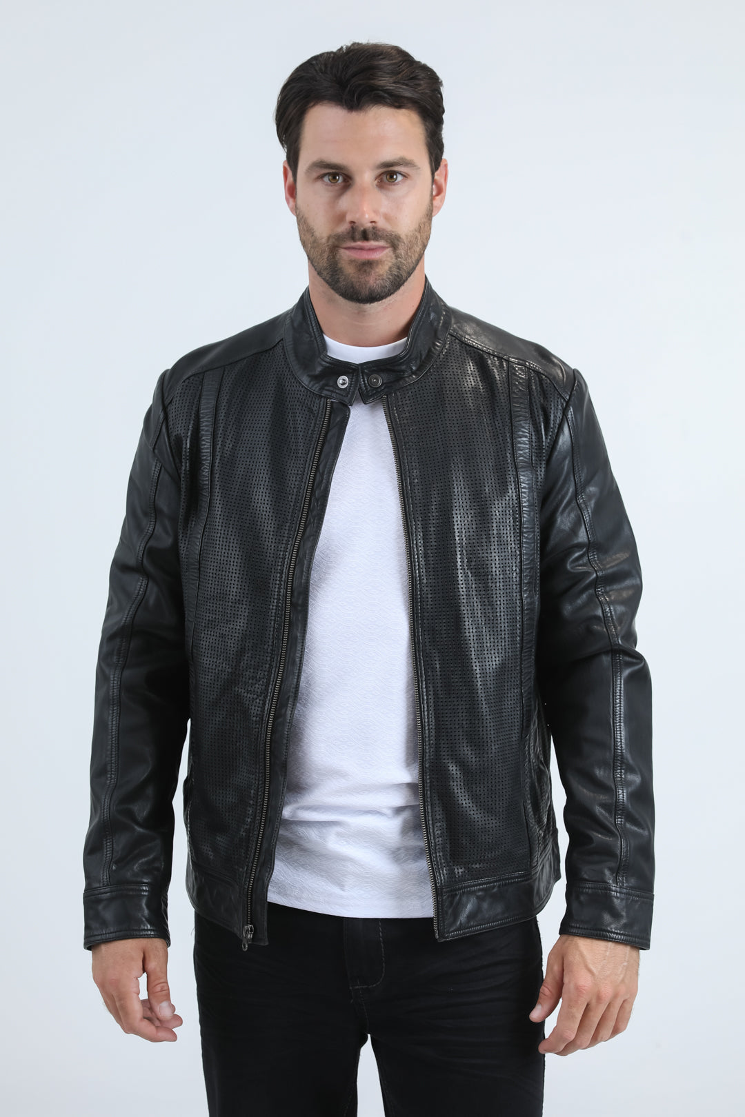 Men's Genuine Leather Perforated Jacket - Black Biker Racer