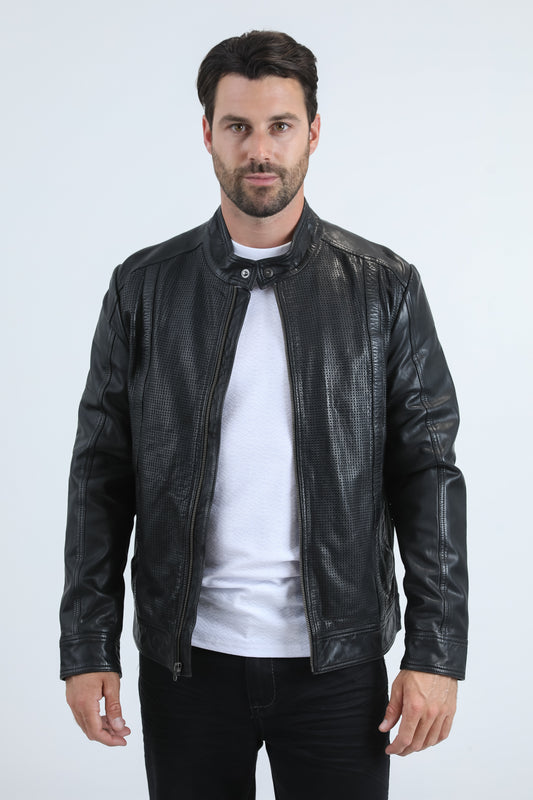 Men's Genuine Leather Perforated Jacket - Black Biker Racer