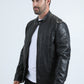 Men's Genuine Leather Perforated Jacket - Black Biker Racer