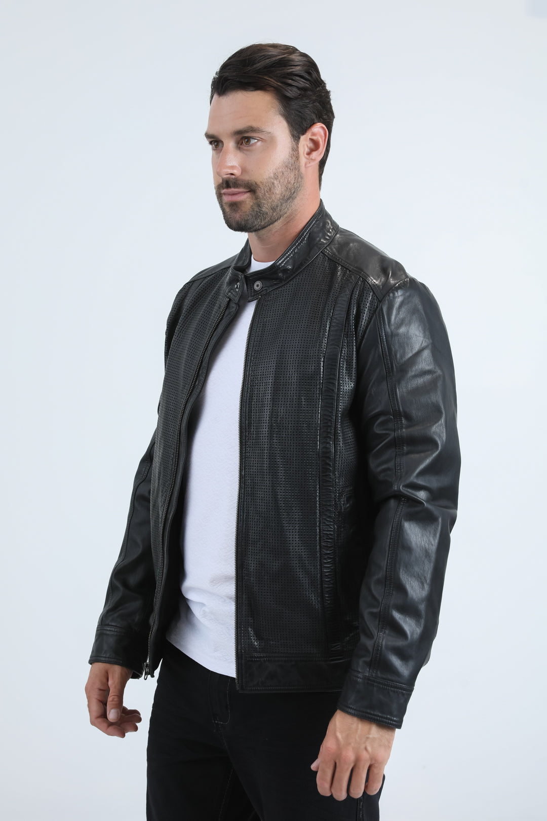 Men's Genuine Leather Perforated Jacket - Black Biker Racer
