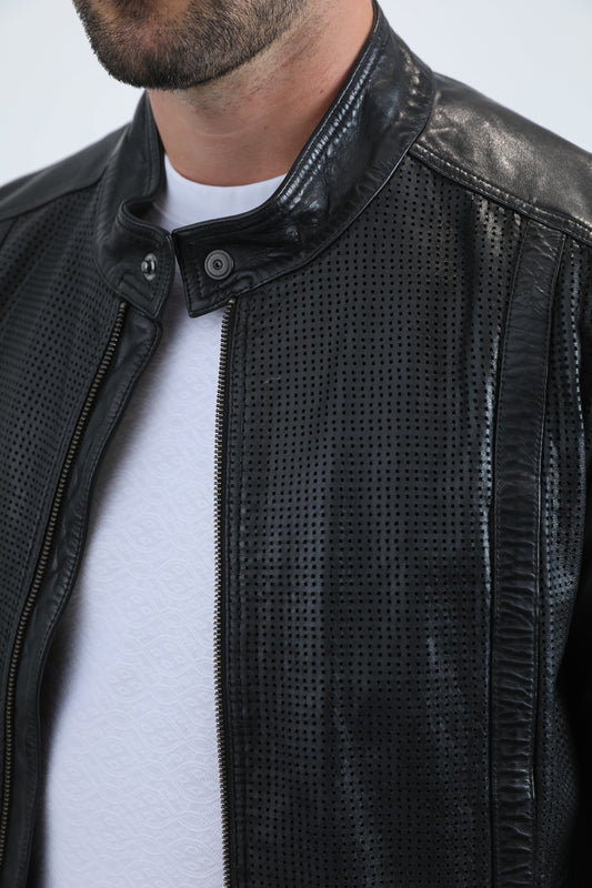 black genuine leather biker racer jacket platini detail