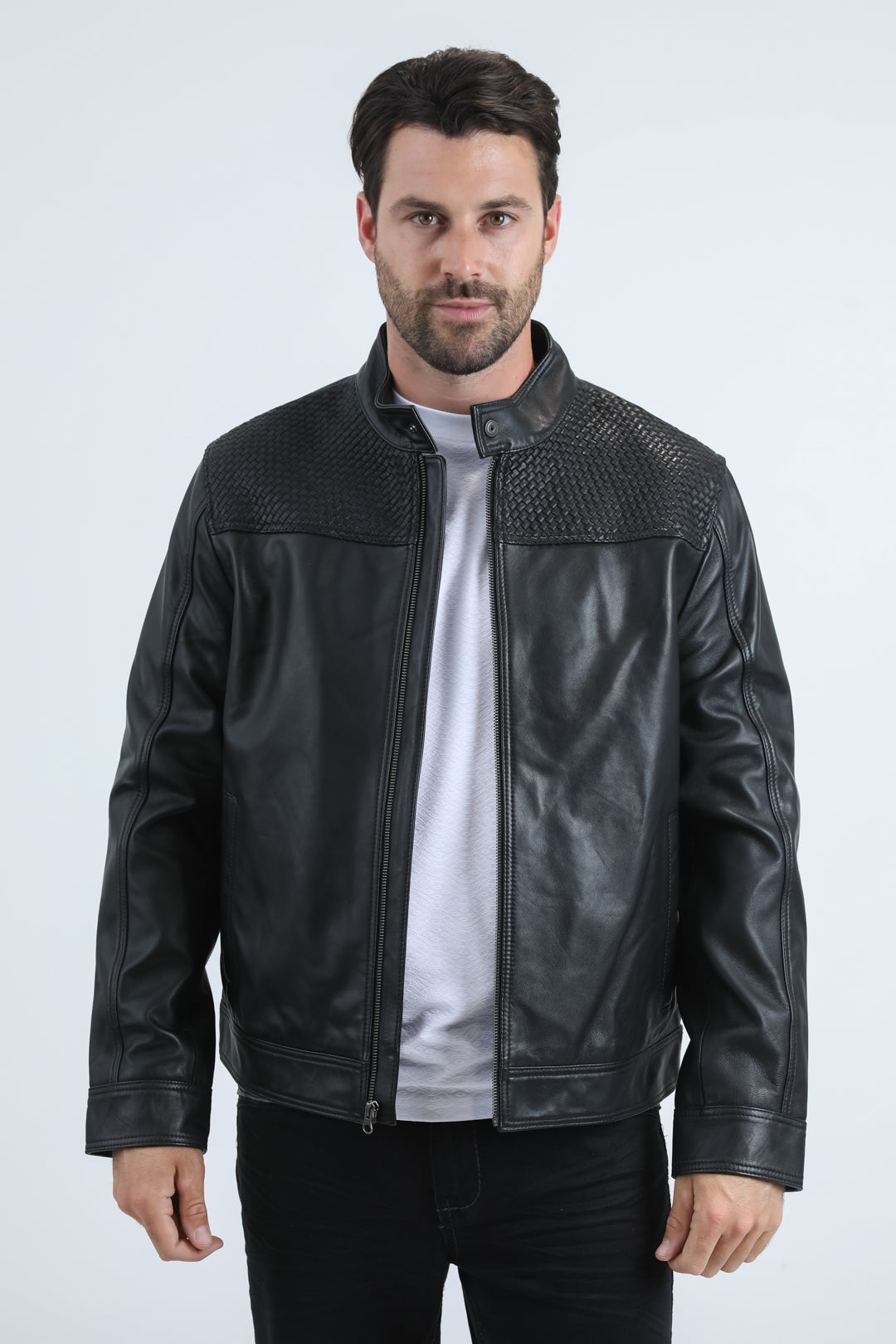 Men's Genuine Leather Perforated Jacket - Black Biker Style