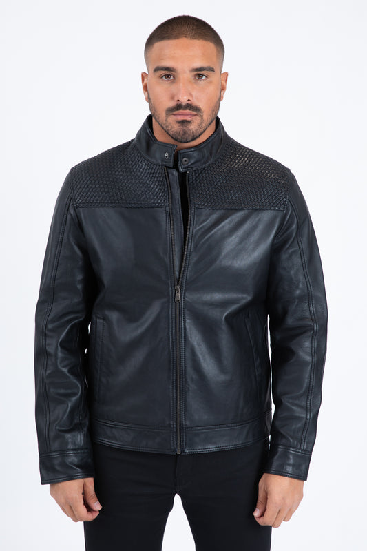 black genuine leather biker jacket platini front