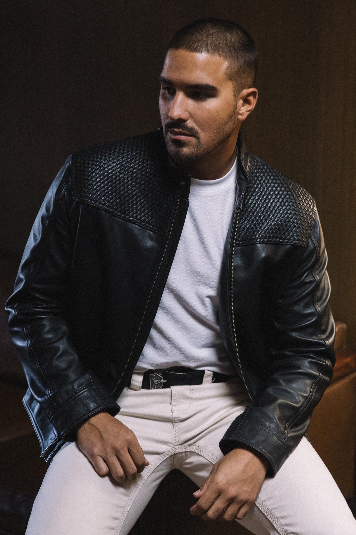 Men's Genuine Leather Perforated Jacket - Black Biker Style