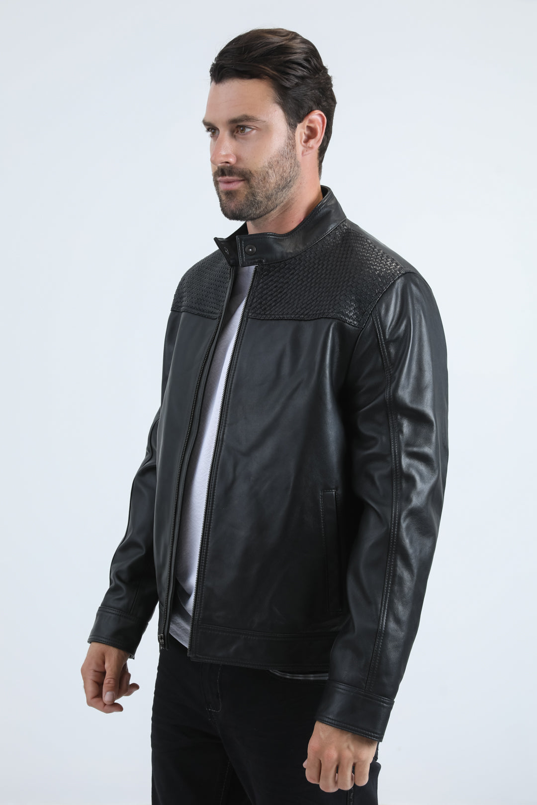 Men's Genuine Leather Perforated Jacket - Black Biker Style