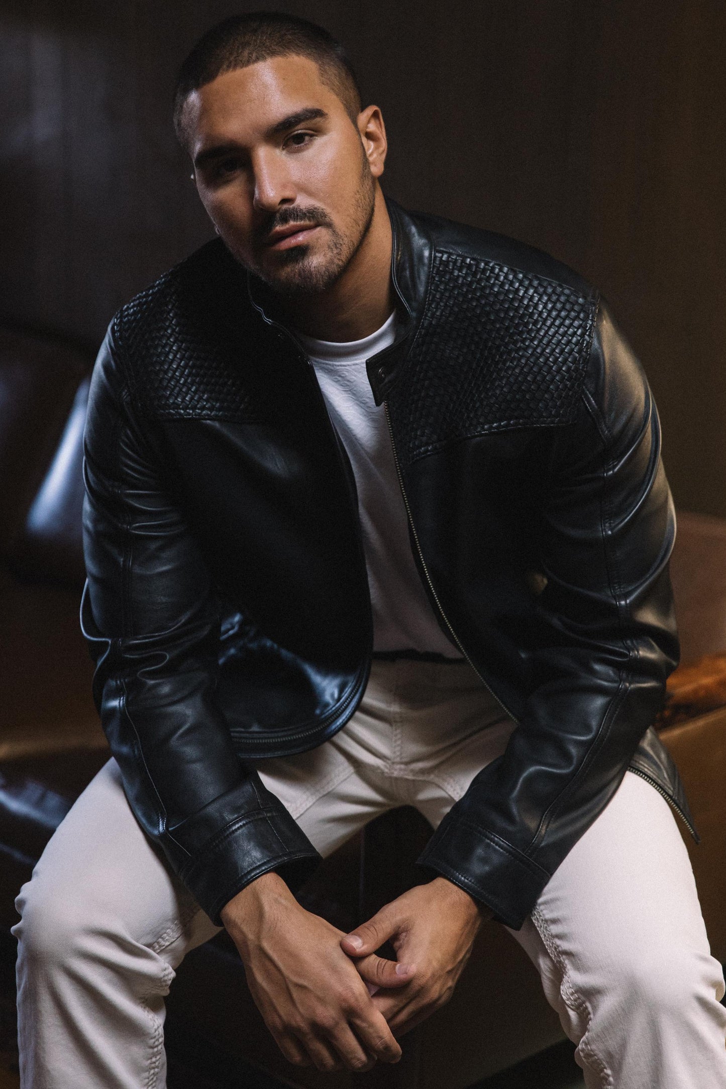 Men's Genuine Leather Perforated Jacket - Black Biker Style