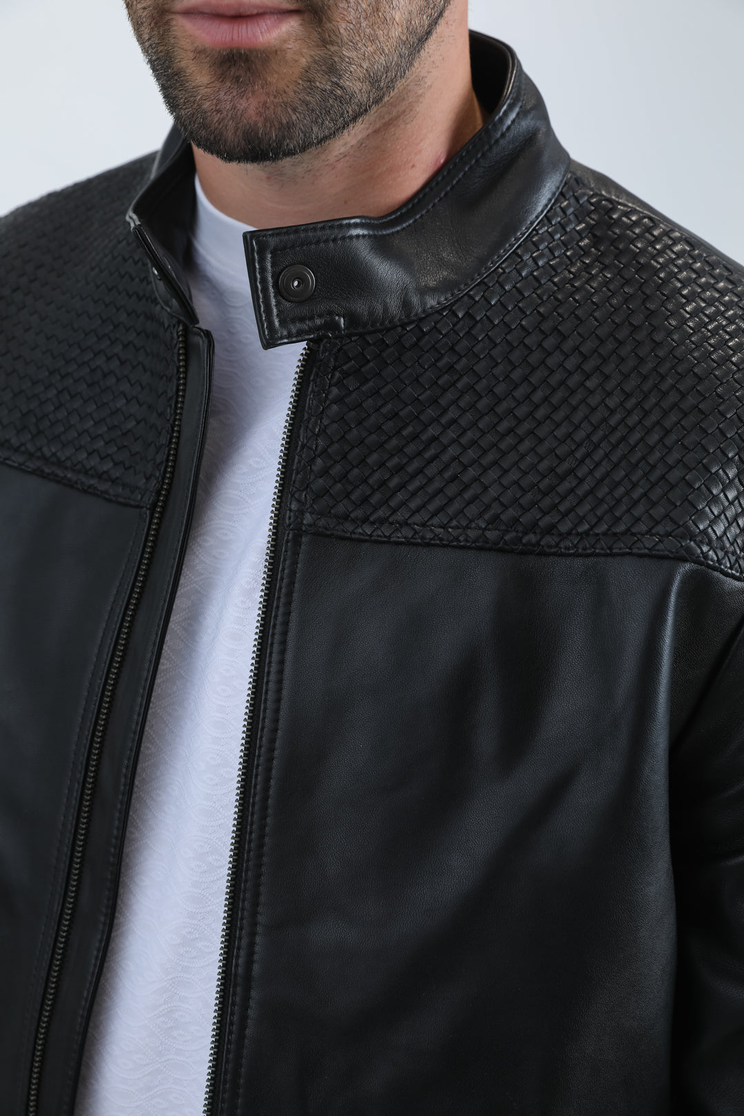 Men's Genuine Leather Perforated Jacket - Black Biker Style