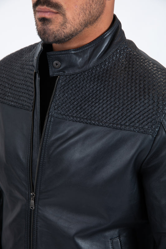 black genuine leather biker jacket platini detail