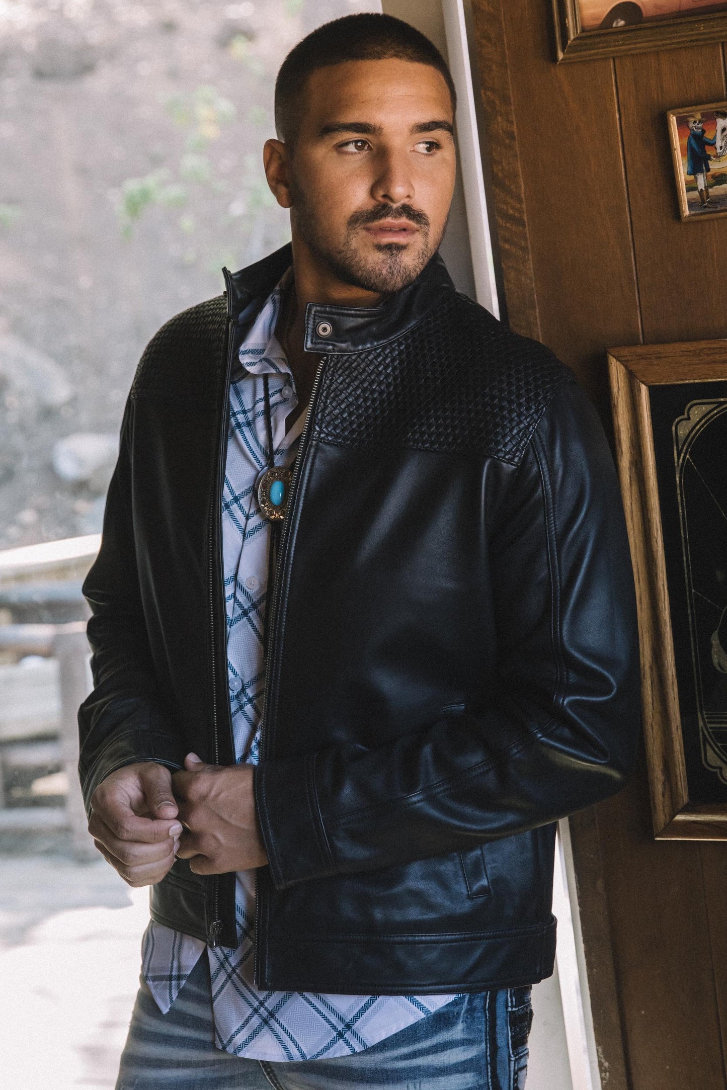 Men's Genuine Leather Perforated Jacket - Black Biker Style