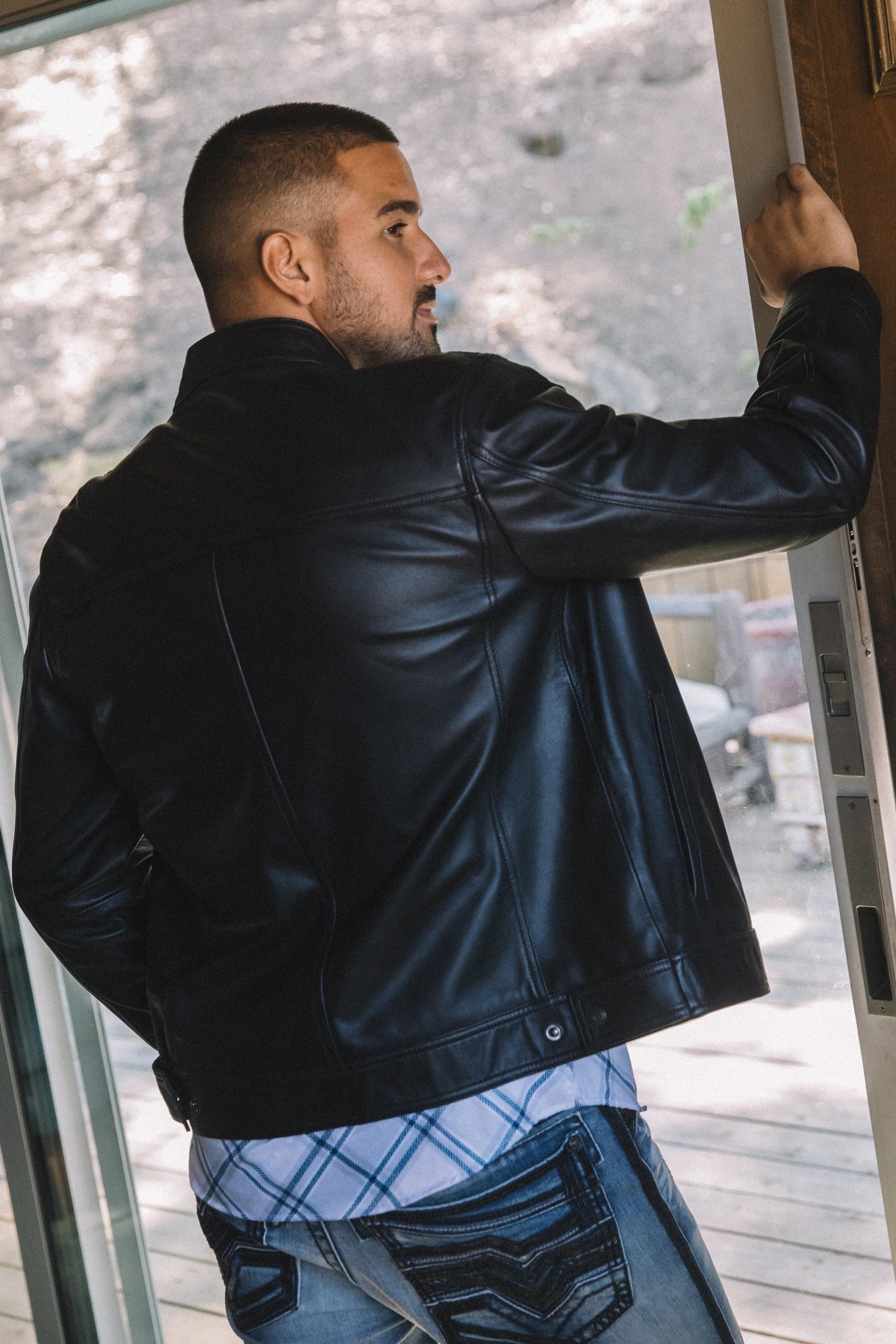 Men's Genuine Leather Perforated Jacket - Black Biker Style