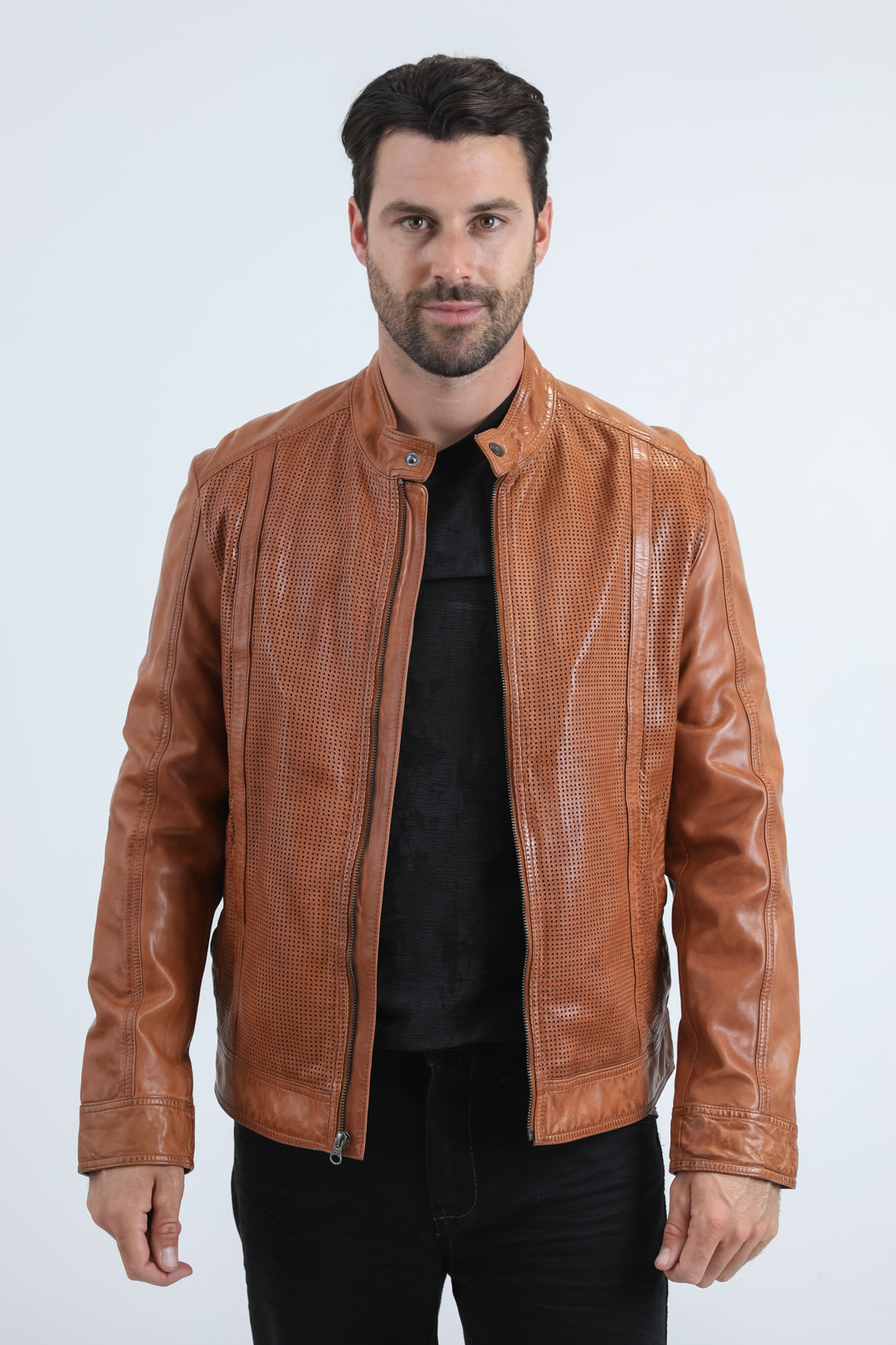 Men's Genuine Leather Perforated Jacket - Degas Biker Style