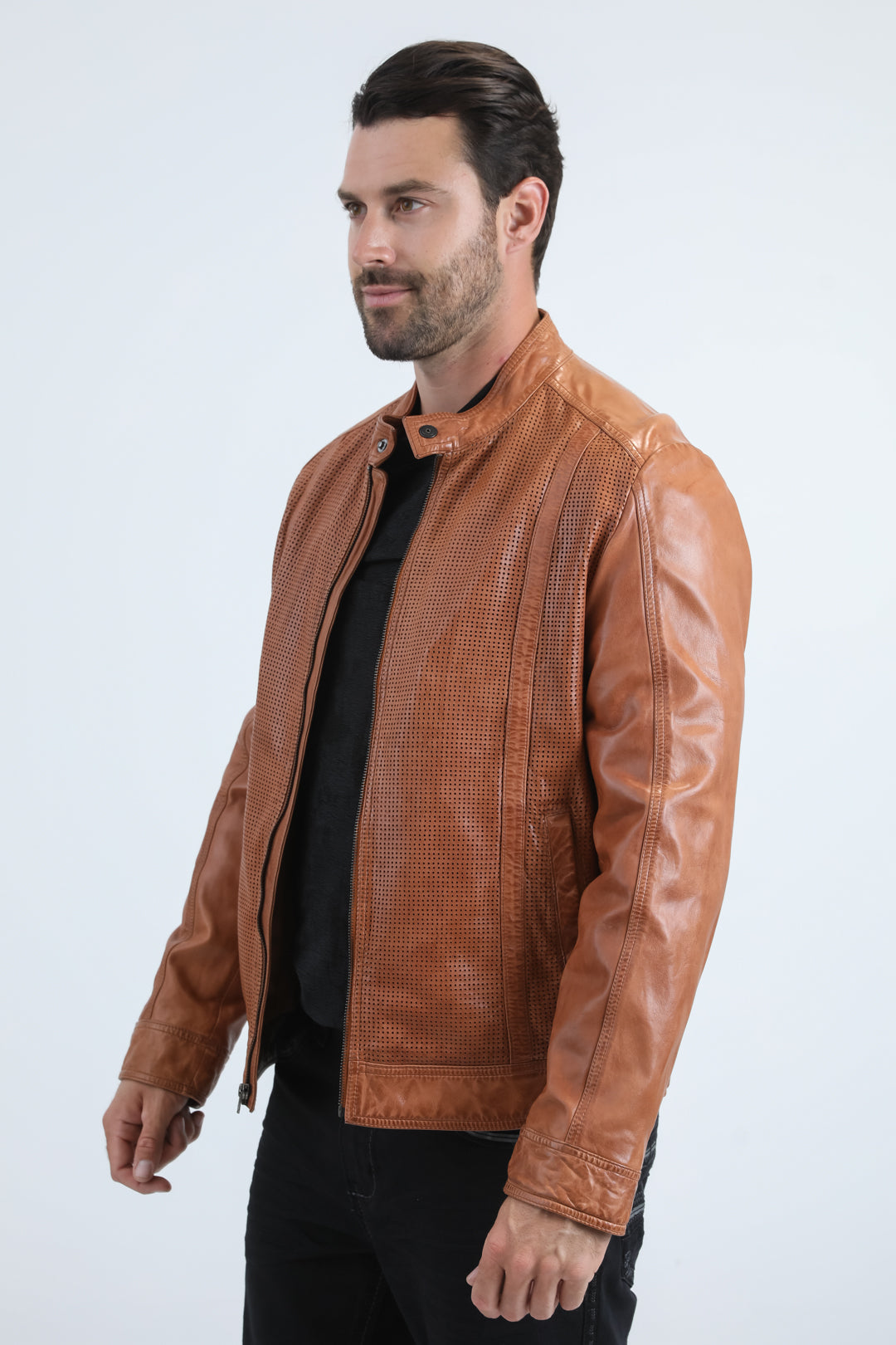 Men's Genuine Leather Perforated Jacket - Degas Biker Style