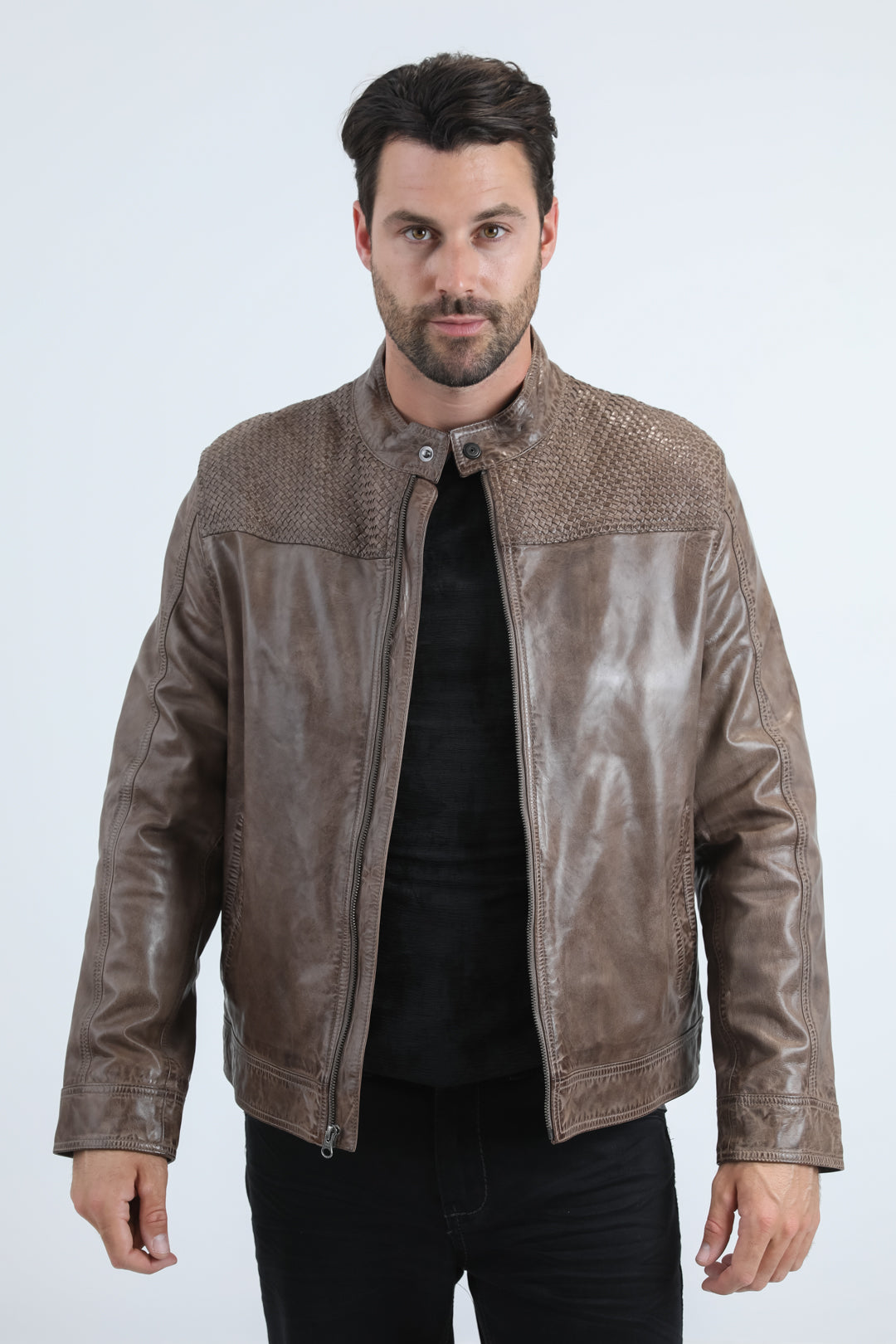 Men's Genuine Leather Perforated Jacket - Grey Biker Style