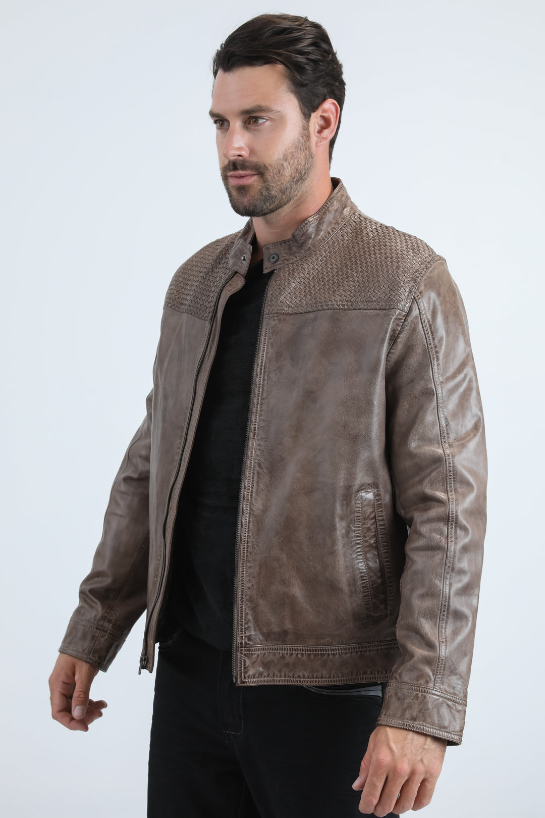 Men's Genuine Leather Perforated Jacket - Grey Biker Style
