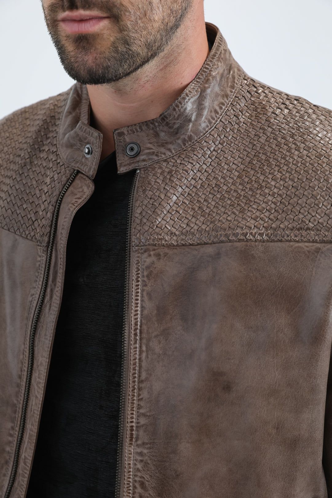 Men's Genuine Leather Perforated Jacket - Grey Biker Style