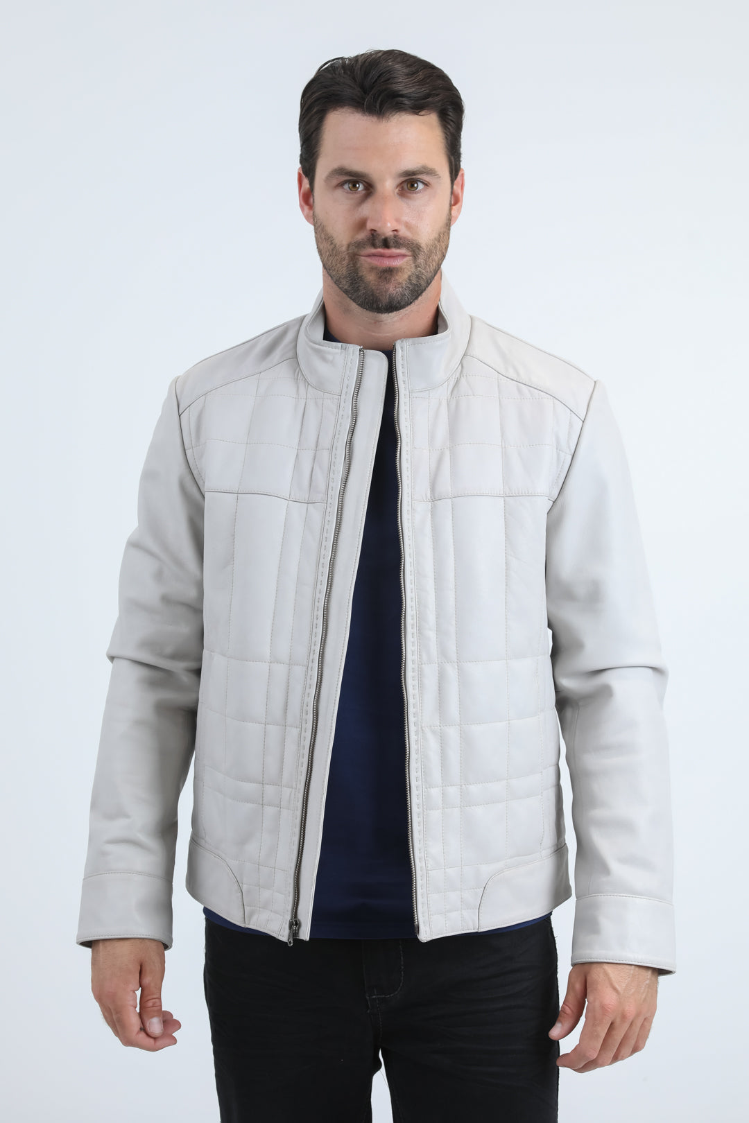 Mens Genuine Leather Quilted Bone Jacket