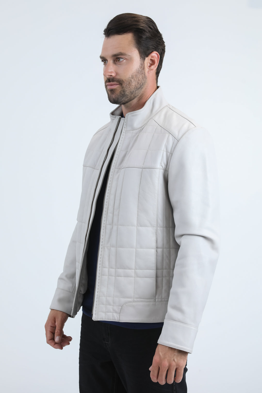 Mens Genuine Leather Quilted Bone Jacket