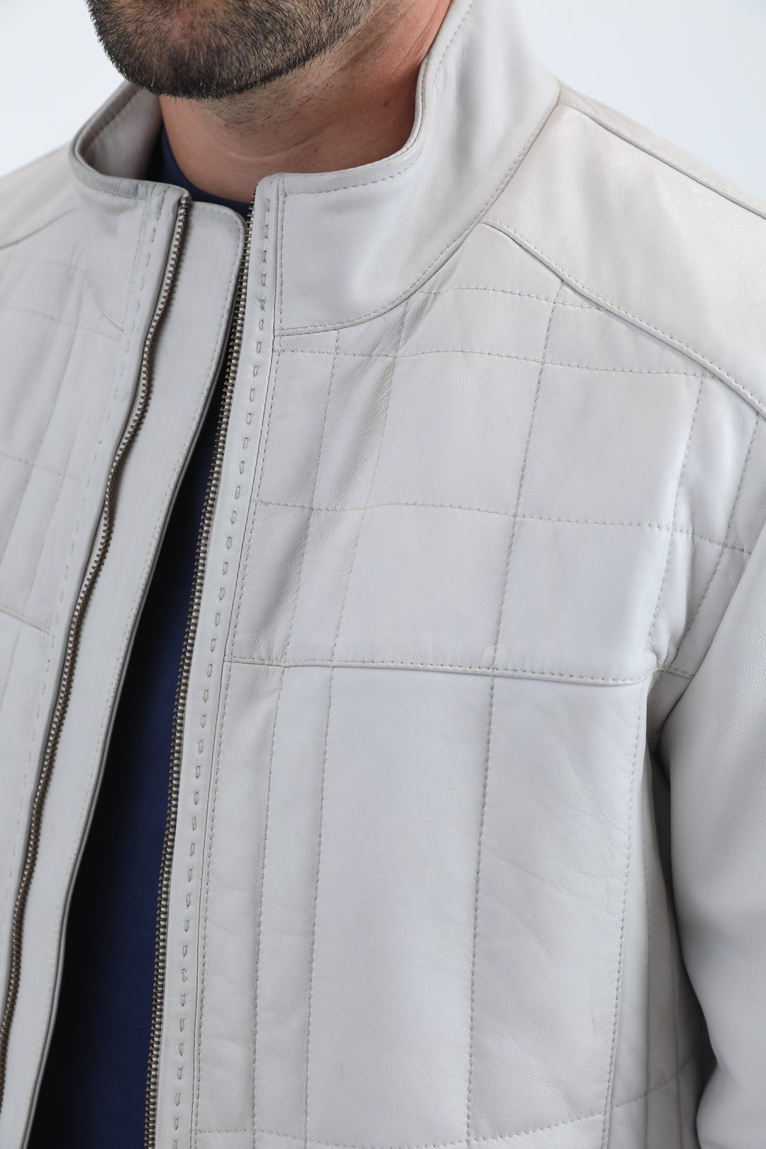 Mens Genuine Leather Quilted Bone Jacket