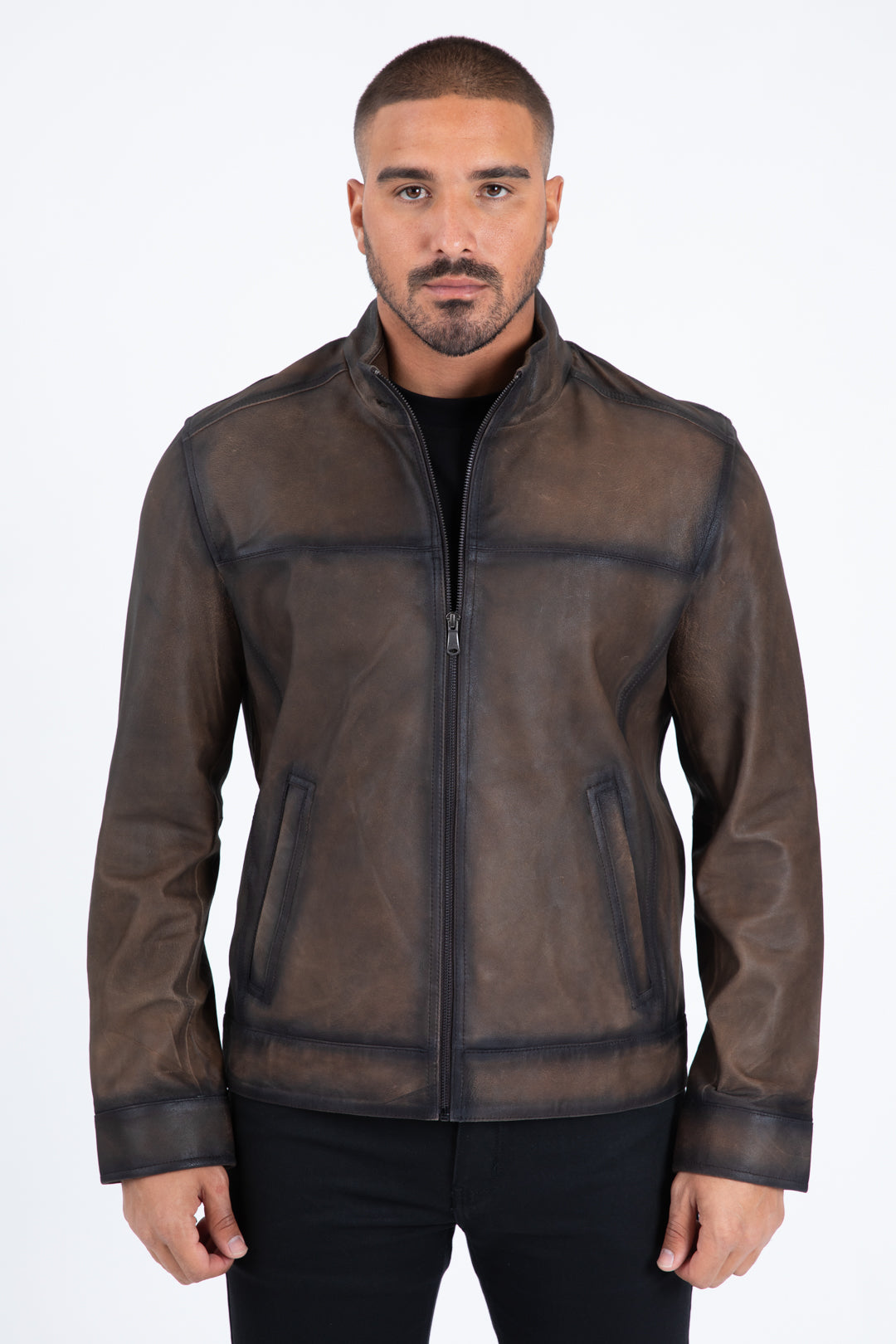 brown genuine leather quilted jacket platini