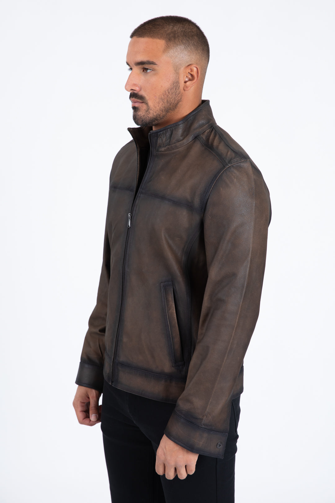 brown genuine leather quilted jacket platini