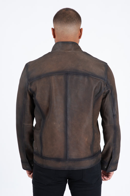 brown genuine leather quilted jacket platini back