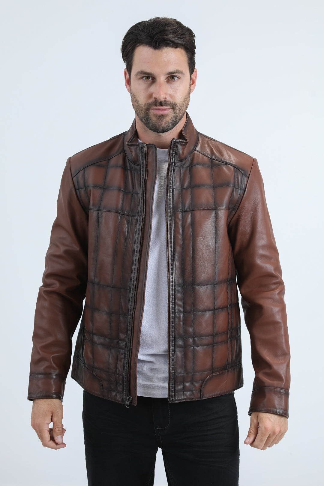 Mens Genuine Leather Quilted Burning Brown Jacket