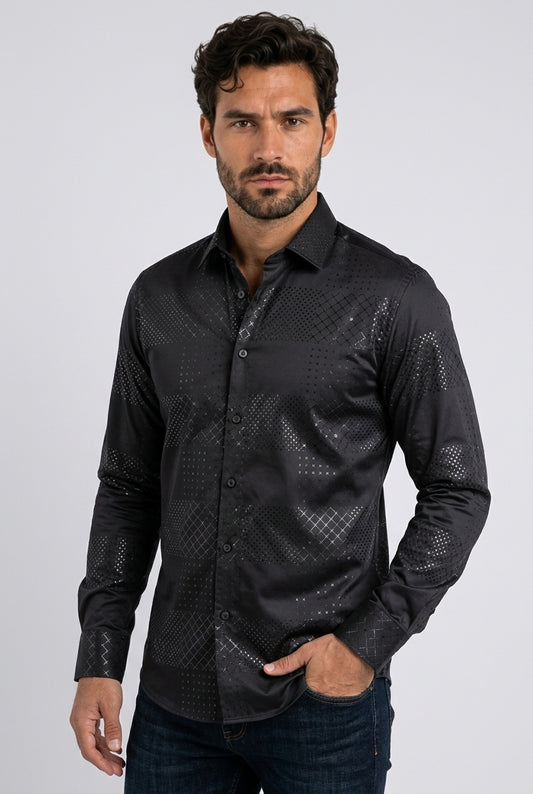 black geometric patchwork foil shirt men platini front
