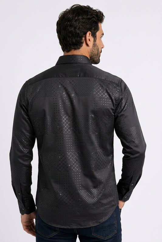 black geometric patchwork foil shirt men platini back