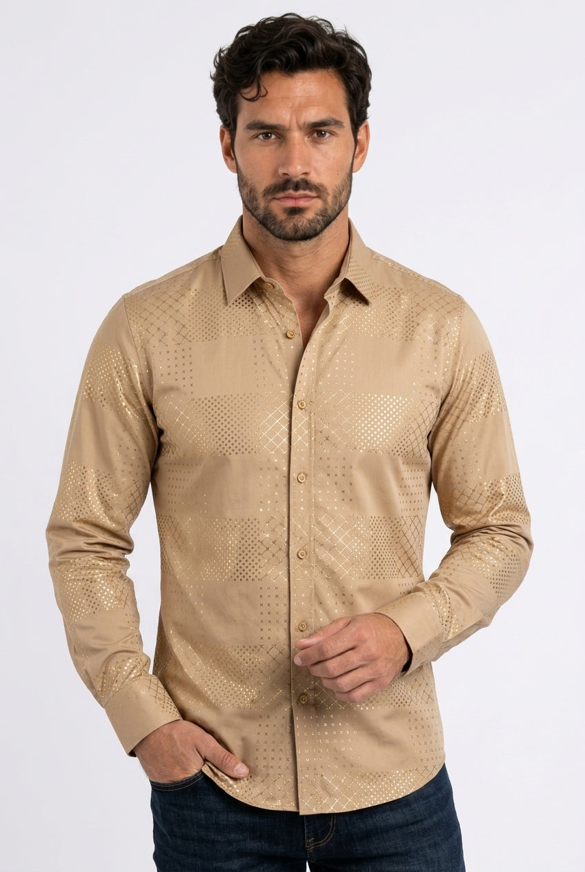 khaki geometric patchwork foil shirt men platini front